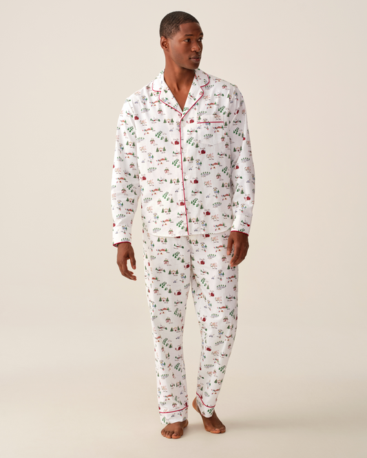 Men's twill pajama set from North Pole Chronicles by Petite Plume, featuring cozy, festive pajama top and bottom in winter-themed print.