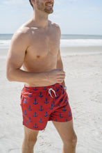 Load image into Gallery viewer, Men's Swim Trunk Red Nautical Anchors