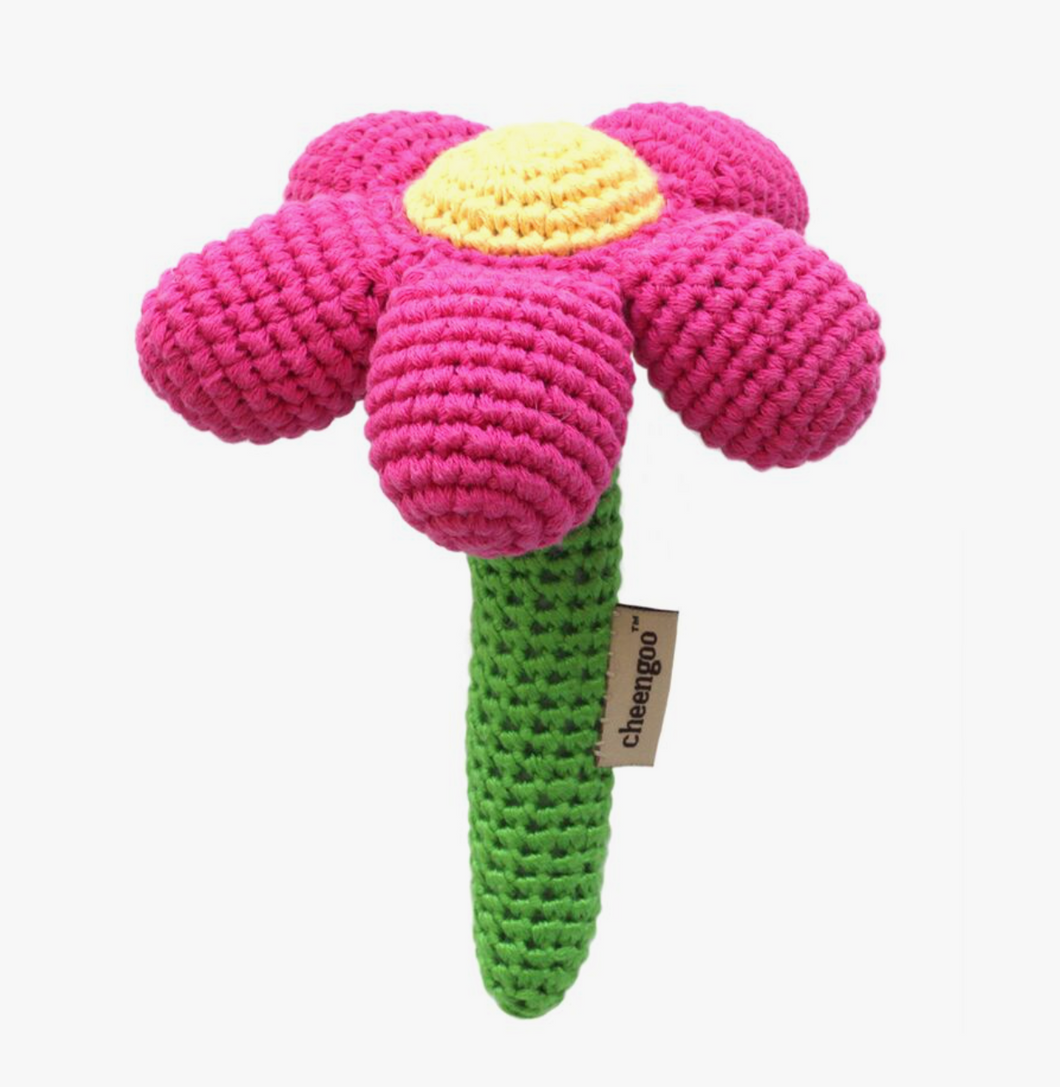 Hand Crocheted Flower Rattle - Bright Pink