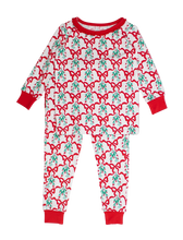 Load image into Gallery viewer, Children's pajama set with red bows and green leaves on a white background
