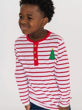 Load image into Gallery viewer, Boys Christmas Tree Red Stripe Knit Long Sleeve Embroidered Henley Tee