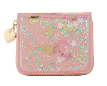 Load image into Gallery viewer, Pink glittery wallet with star and heart designs on a white background