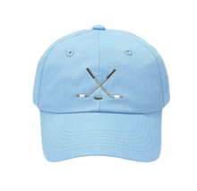 Load image into Gallery viewer, Light blue baseball cap with crossed hockey sticks on a white background