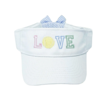 Load image into Gallery viewer, White visor with 'LOVE' embroidered in pastel colors on a white background