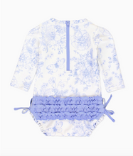 Load image into Gallery viewer, Baby Girls Periwinkle Butterfly Garden Long Sleeve One Piece Rash Guard Swimsuit