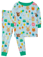 Load image into Gallery viewer, Children's pajama set with animal and birthday-themed print on a light blue background