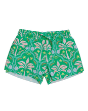 Load image into Gallery viewer, Green shorts with a colorful floral pattern on a light gray background