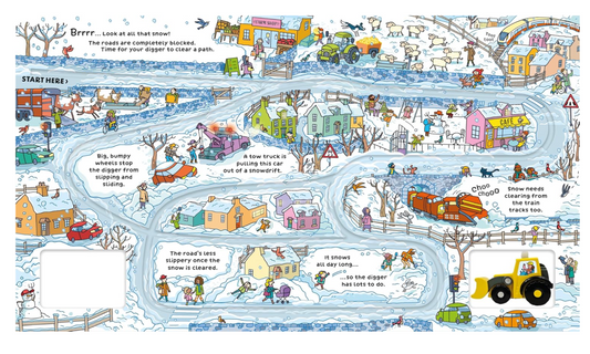Interactive Wind Up Digger book by Ingram, showing colorful pages and a child engaging with a toy digger illustration.