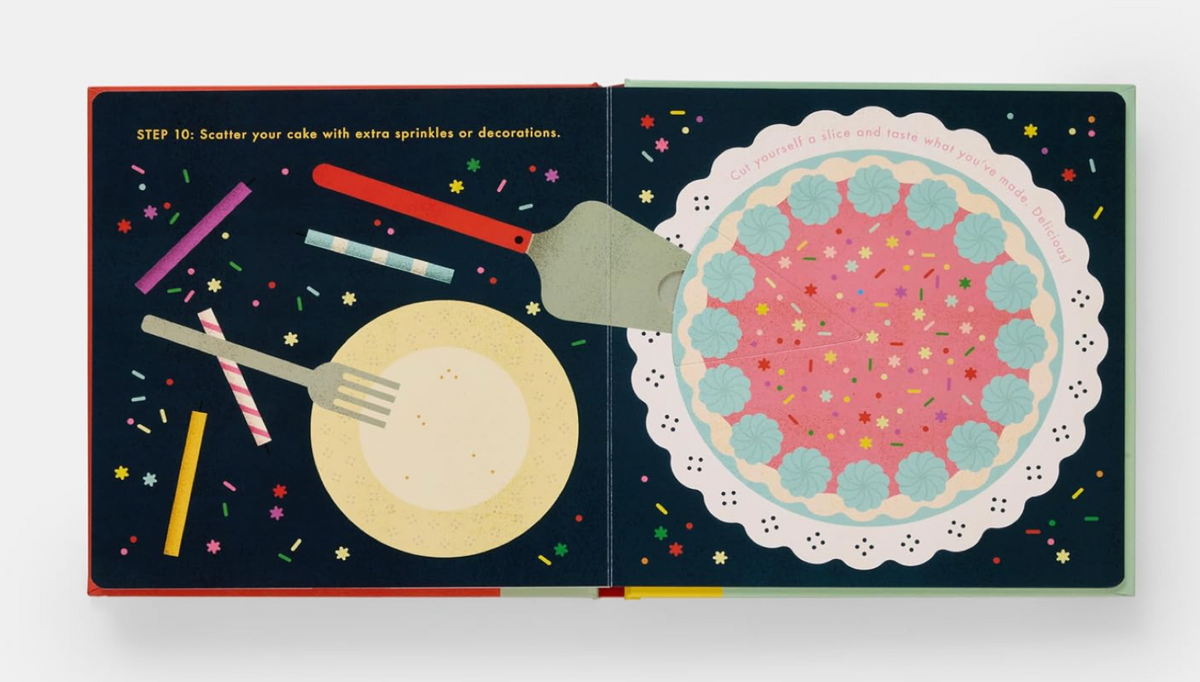 Screenshot of "Cake!: An Interactive Recipe Book" by Ingram, showing colorful pages and interactive baking illustrations.
