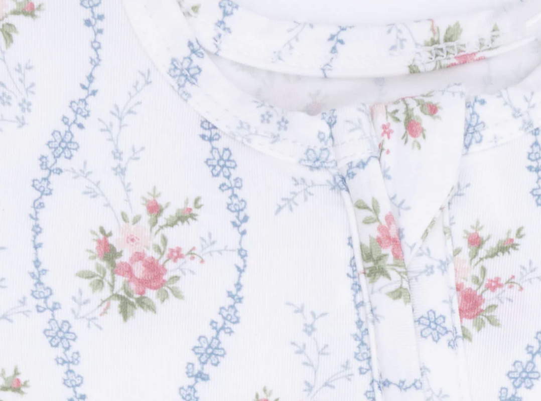 Angel Dear 0-3M heirloom rose stripe footie with ruffle back and 2-way zipper for easy dressing and comfort.