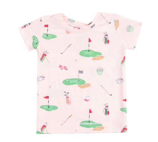 Pink pajama set for kids featuring golf-themed designs by Angel Dear, with soft fabric and cozy fit for comfortable sleepwear.