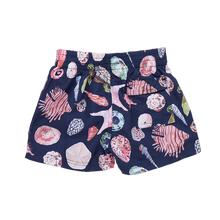 Load image into Gallery viewer, Boys Swim Trunk Navy Watercolor Shells