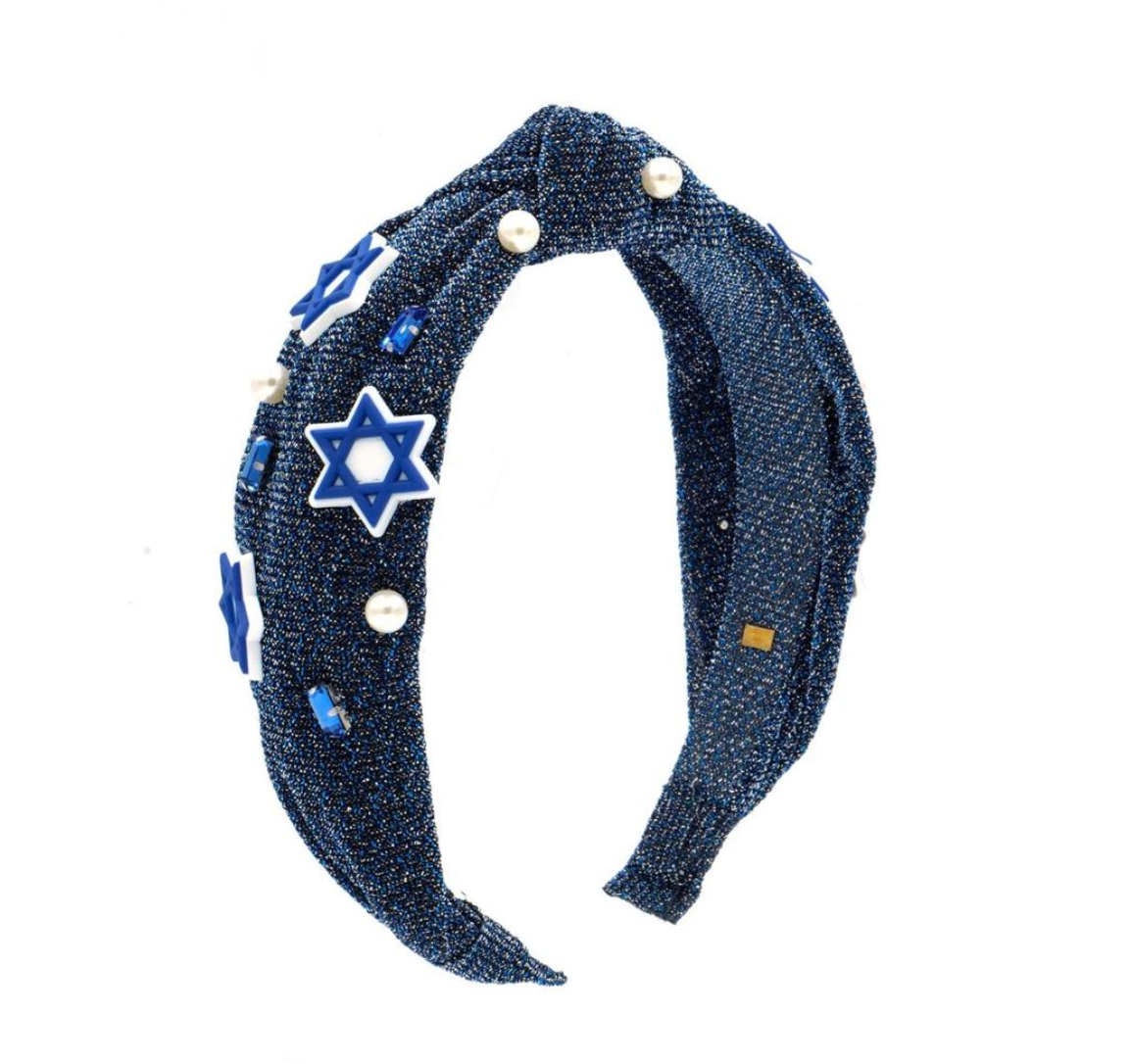 Bari Lynn Hanukkah Charm Glitter Knot Headband with festive blue and silver accents, featuring a decorative Hanukkah charm.
