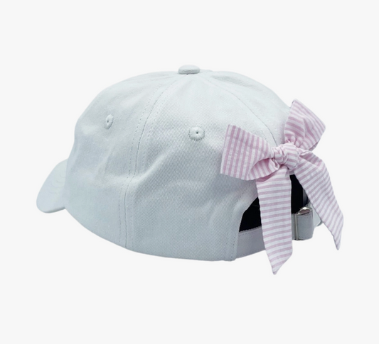 Girls embroidered tennis racket and baseball hat with bow by Bits and Bows, featuring colorful embroidery and a playful design.