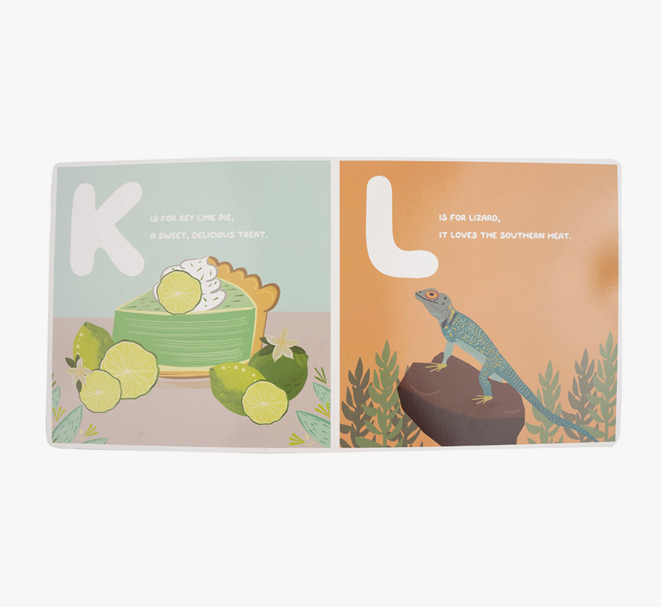 Florida Alphabet Board Book by Emerson and Friends featuring colorful pages with Florida-themed letters and illustrations for children.