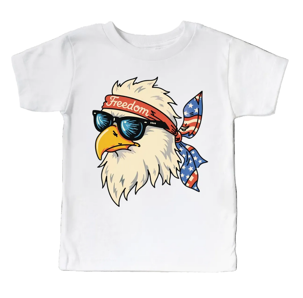 Kids patriotic eagle Freedom tee shirt by Mad Mooshi featuring a bold eagle design on soft fabric.