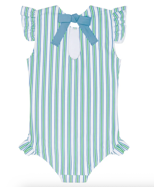 Girls Minnow Tamarin Stripe Ruffle Cap Sleeve Rashguard One Piece swimsuit with colorful stripes and ruffle details.