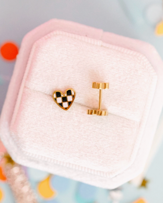 Checkered heart-shaped hypoallergenic kids earrings with flat screw-back design by Pierced Co, suitable for sensitive ears.