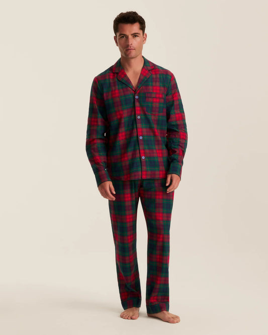 Men's brushed twill pajama set in St. James tartan by Petite Plume, featuring a button-up shirt and matching pants.