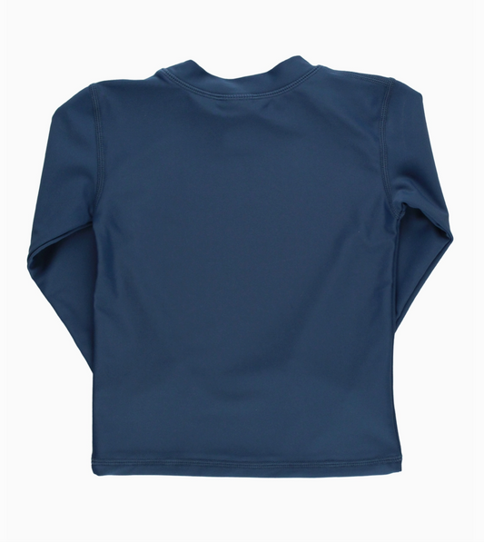 Kids navy long sleeve rash guard by Ruffle Butts, featuring a comfortable fit and UV protection for outdoor water activities.