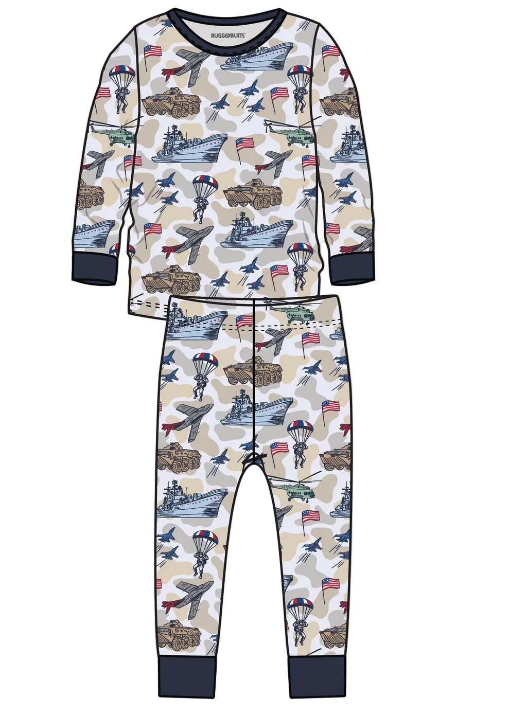 Kids bamboo long sleeve pajama set with patriotic freedom camo pattern, featuring comfortable fabric and Ruffle Butts branding.