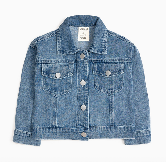 Girls' denim jacket with sequin patch and game day football design by Sweet Wink, stylish casual wear for young sports fans.