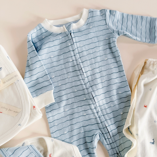 Nautical ocean-themed organic cotton baby layette set by The Blueberry Hill, perfect for a baby shower gift.