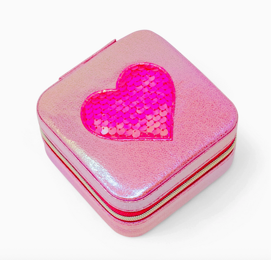 Girl's sparkling sequin heart jewelry box by Tiny Treat and Zomi Gems with shiny sequins and a heart-shaped lid.
