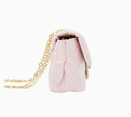 Kids classic quilted shiny mini handbag with pearl embellishments by Tiny Treat and Zomi Gems, featuring a compact, stylish design.