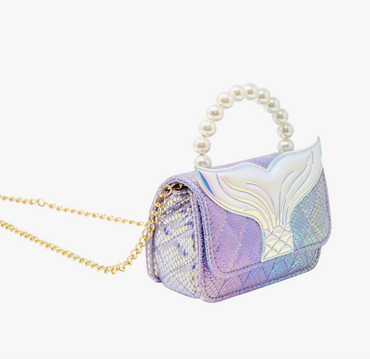 Purple mermaid tail pearl handle bag by Tiny Treat and Zomi Gems, featuring a whimsical mermaid design with pearl accents.