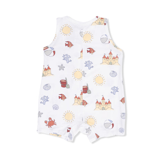Angel Dear Sunny Sandcastles sleeveless shortie romper for babies, featuring a colorful sandcastle print and soft cotton fabric.