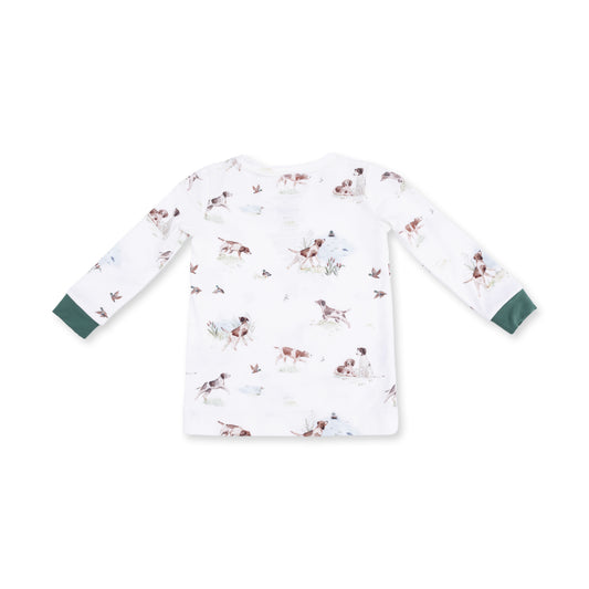 Kids' long sleeve lounge set featuring Pups and Duck Buddies by Angel Dear, with colorful animal prints on soft fabric.