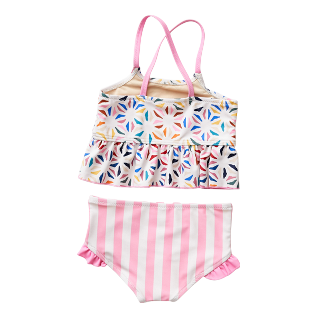 Pink Chicken Joy Tankini girls' swim set with a colorful tankini top and matching swim bottoms, perfect for beach or pool days.