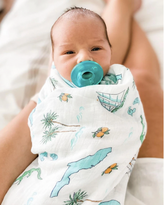 Unisex Florida Babe swaddle blanket for babies by Little Hometown, featuring soft fabric and a tropical Florida design for newborns.