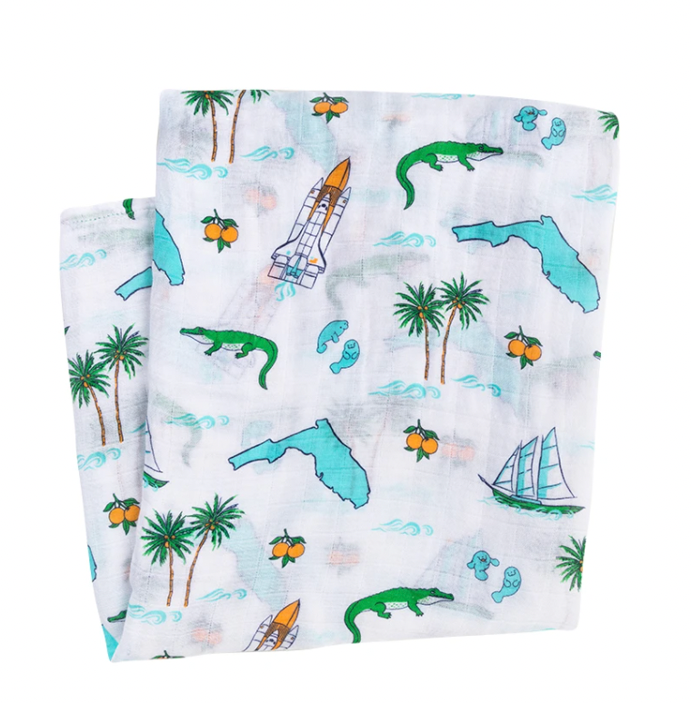 Unisex Florida Babe baby swaddle by Little Hometown, soft fabric with Florida-themed print, ideal for newborns and infants.