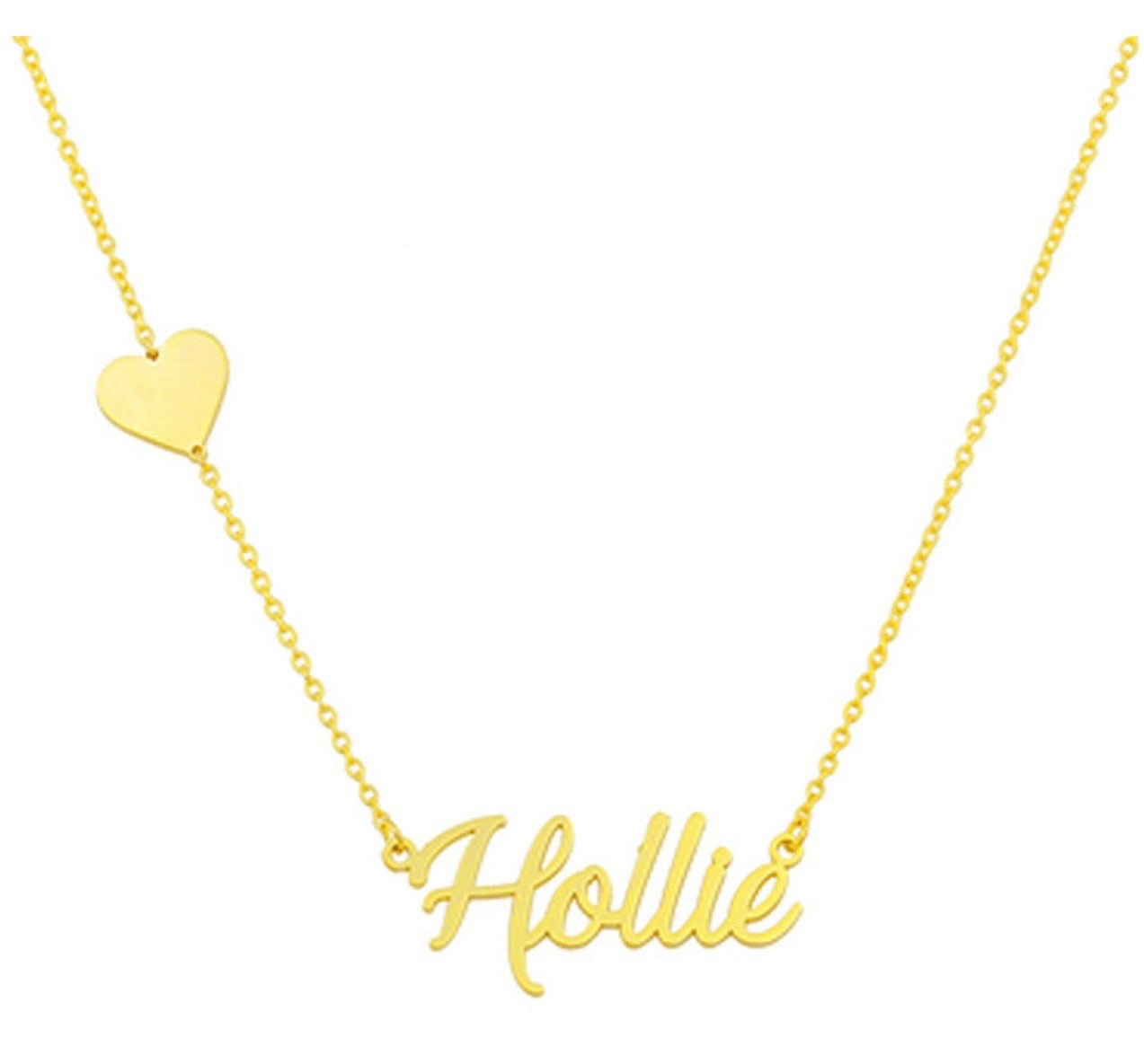 Personalized heart-shaped name plate necklace by Jack and Jewelz with custom engraved name, on a delicate chain.