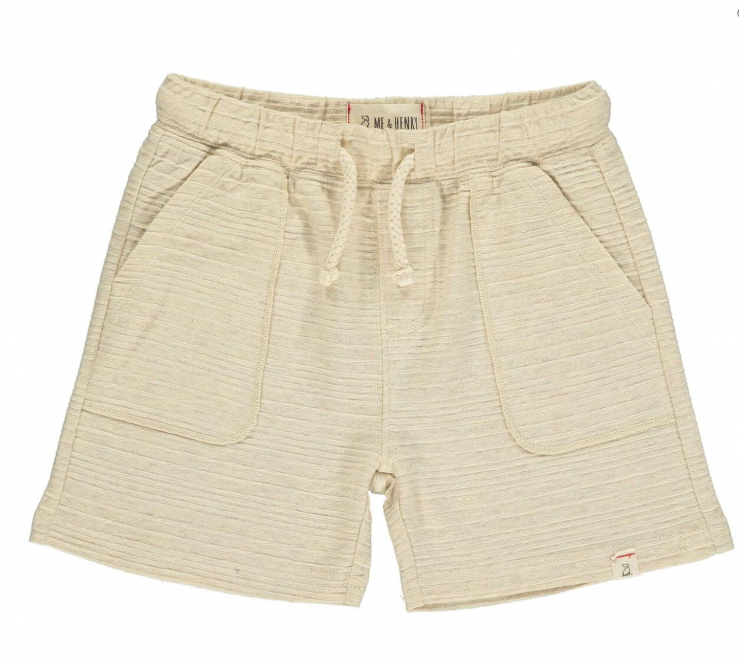 Beige Bluepeter Shorts by Me & Henry displayed on a hanger, showing their casual style and lightweight fabric.