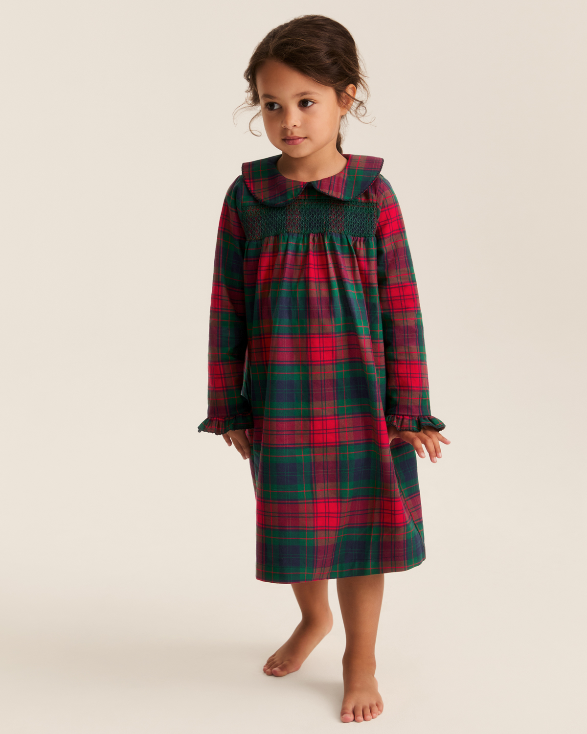 Girl's brushed twill Eloise nightgown in St. James Tartan by Petite Plume, featuring a cozy, plaid design with long sleeves.