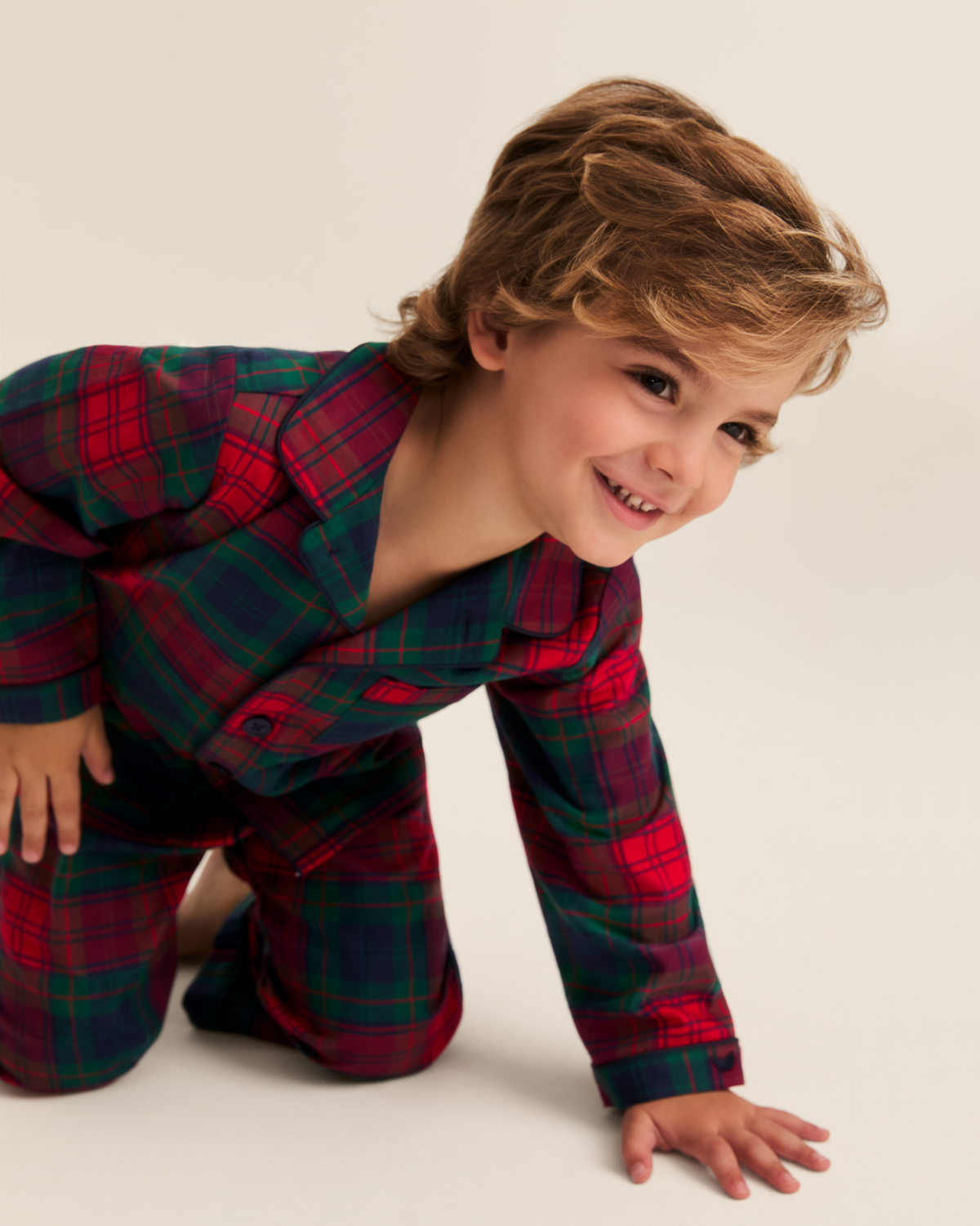 Children's twill pajama set in St. James tartan by Petite Plume, featuring a cozy long-sleeve top and matching pants.