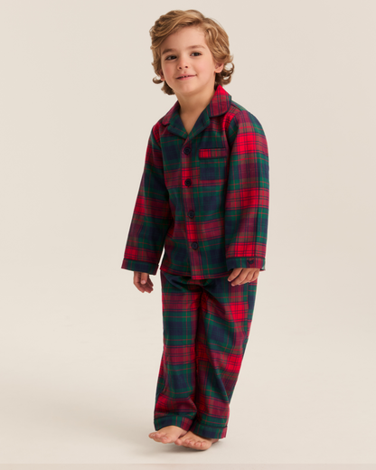 Children's twill pajama set in St. James tartan by Petite Plume, featuring a cozy top and bottoms with a classic plaid pattern.
