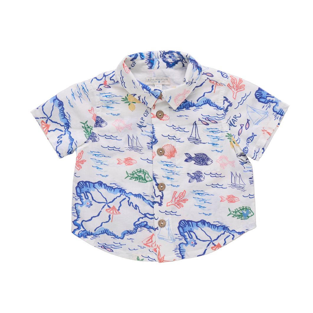 Children's shirt with ocean-themed print on a light gray background