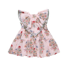 Load image into Gallery viewer, Floral dress with ruffled sleeves on a light gray background
