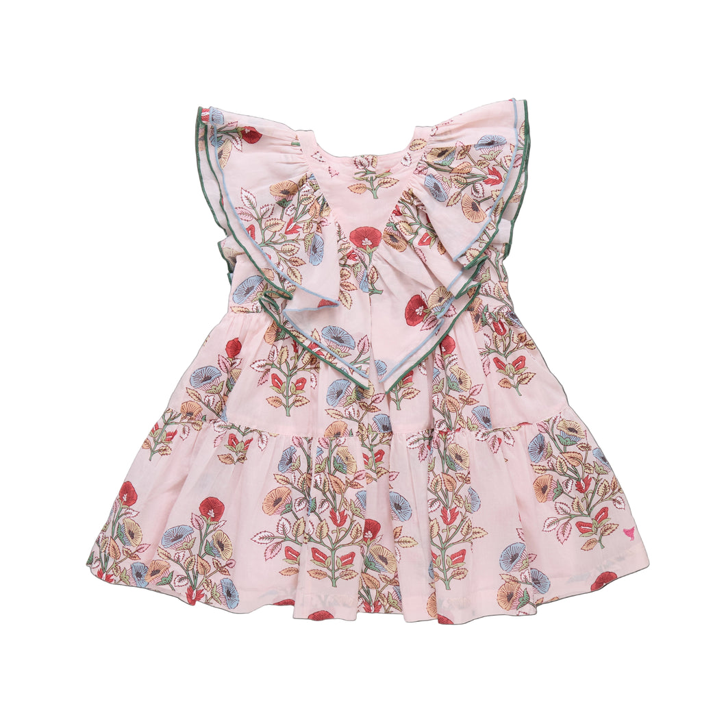 Floral dress with ruffled sleeves on a light gray background