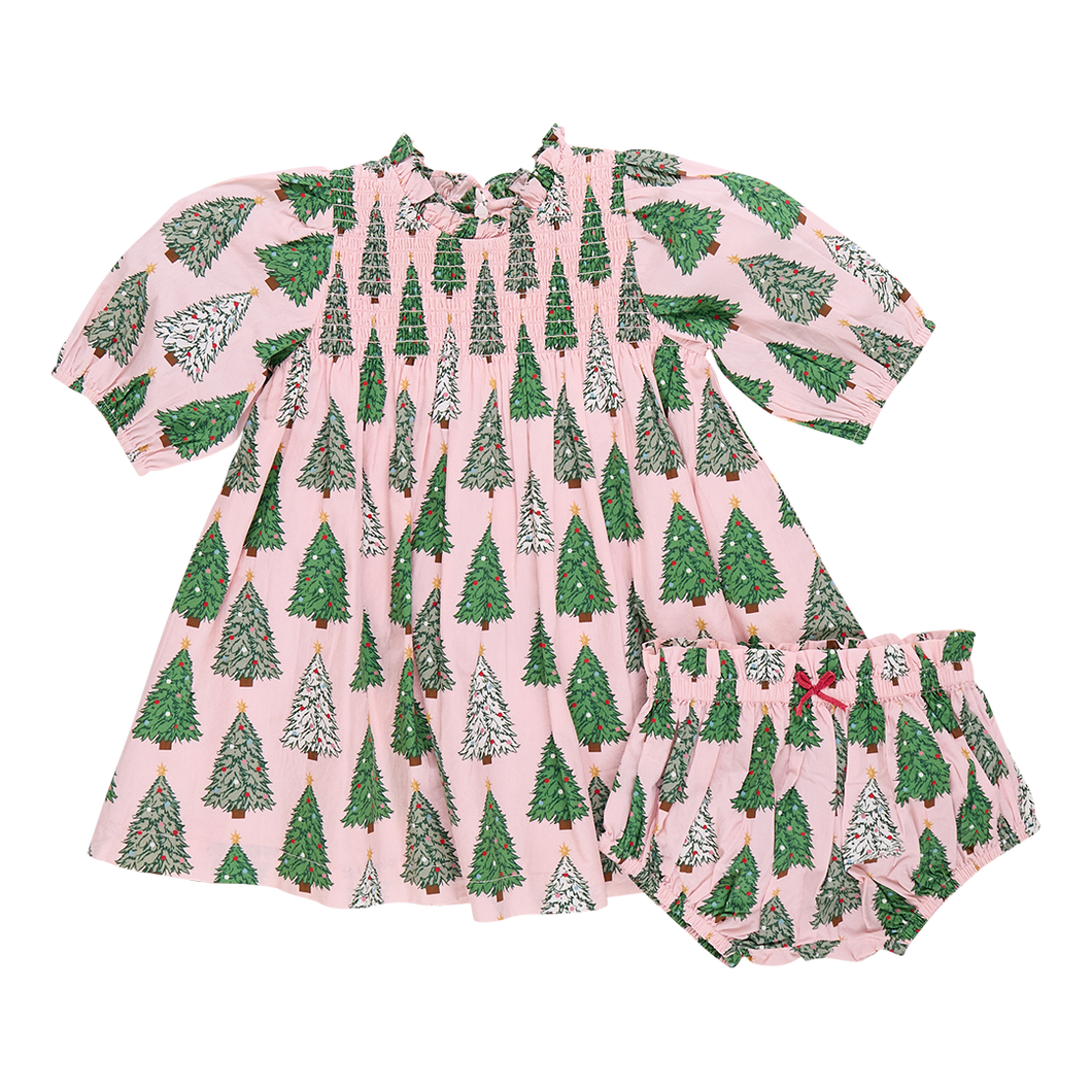 Baby Girl Stevie Puff Sleeve Dress Set - Pink Trees