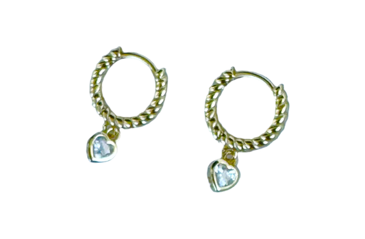 Gold kids dangle heart hoop earring with diamond CZ stone, crafted by Jack and Jewelz, featuring a delicate and charming design.