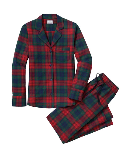 A two-piece plaid pajama set consisting of a long-sleeve button-front top with a chest pocket and matching drawstring pants, shown on a plain white background.