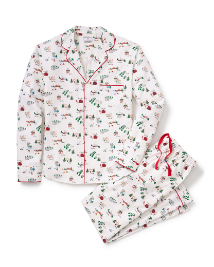 Men's twill pajama set in North Pole Chronicles by Petite Plume, featuring a cozy button-up top and matching pants in festive print.