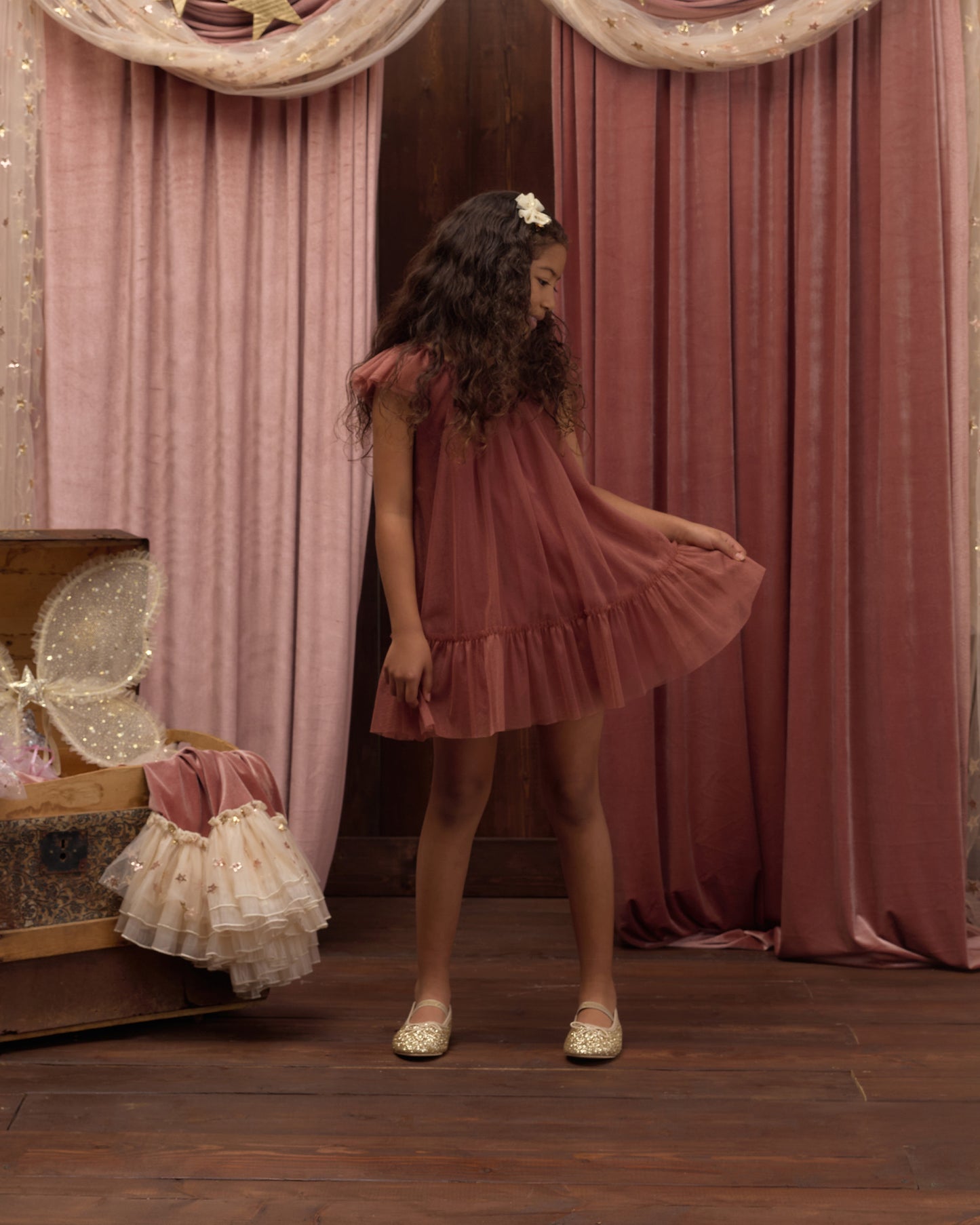 Girls Edie Dress in Spice by Noralee, featuring a stylish and comfortable design with vibrant color and detailed fabric pattern.