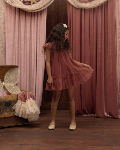Girls Edie Dress in Spice by Noralee, featuring a stylish and comfortable design with vibrant color and detailed fabric pattern.