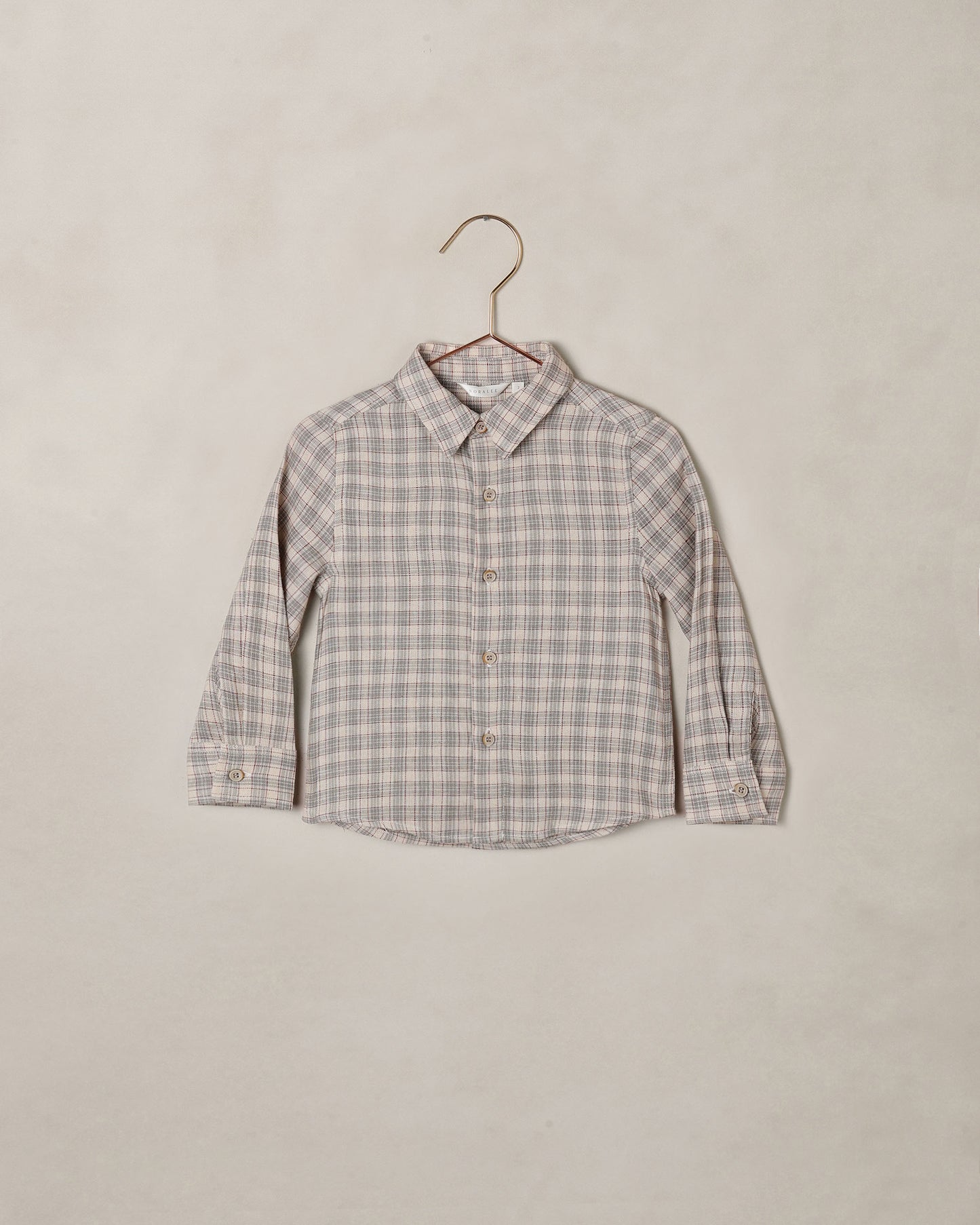 Boys Harris plaid button-down shirt in fall colors by Noralee, featuring a classic plaid pattern and long sleeves.